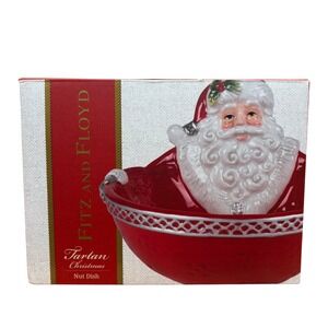 Fitz & Floyd Tartan Christmas Nut Candy Dish Bowl Santa Claus Red‎ Ceramic New